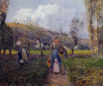 campo Pintura al %C3%B3leo - Mujer campesina y niño cosechando los campos pontoise 1882 Camille Pissarro